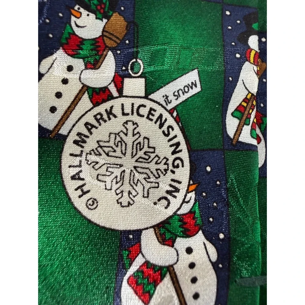 Hallmark Yule Tie Greetings Snowman Pattern Green Silk Men's‎ Necktie